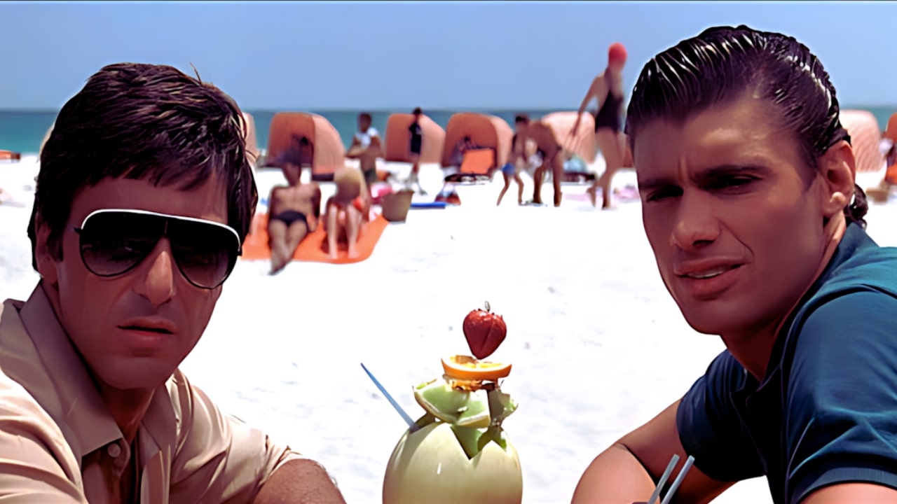 Tony Montana and his friend looking at a place on the beach in the movie Scarface